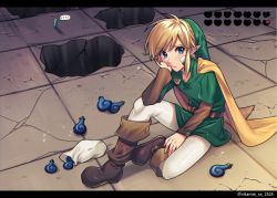 Rule 34 | 1boy, bandages, belt, blonde hair, blue eyes, boots, brown footwear, cape, crack, cracked floor, green headwear, heart container, highres, hole, link, looking at viewer, nintendo, pointy ears, pouch, rupee (zelda), seed, sidelocks, sitting, solo, tatsuma daisuke, the legend of zelda, the legend of zelda: oracle of seasons, tunic, twitter username, white legwear, yellow cape