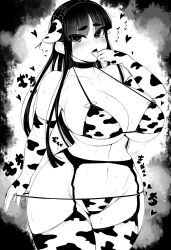Rule 34 | 1girl, absurdres, animal ears, animal print, bikini, bikini bottom pull, bikini pull, blush, breasts, choker, cleavage, clothes pull, commentary request, cow ears, cow print, cow print bikini, cowboy shot, curvy, elbow gloves, garter belt, gloves, greyscale, haseru (ginku mh), heart, heart-shaped pupils, highres, huge breasts, long hair, looking at viewer, mole, mole on breast, mole on thigh, mole under mouth, monochrome, navel, open mouth, original, print bikini, pulled by self, solo, swimsuit, symbol-shaped pupils, thighhighs, tongue
