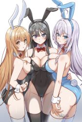 3girls alisa_mikhailovna_kujou animal_ears as4gi black_hair black_leotard blue_eyes blue_leotard bow bowtie breast_press breasts commission crossover detached_collar gradient_background grey_hair highres large_breasts leotard light_brown_hair long_hair multiple_crossover multiple_girls otonari_no_tenshi-sama_ni_itsu_no_mani_ka_dame_ningen_ni_sarete_ita_ken pixiv_commission playboy_bunny purple_eyes rabbit_ears rabbit_tail red_eyes sakurajima_mai seishun_buta_yarou shiina_mahiru_(otonari_no_tenshi-sama) strapless strapless_leotard tail thighhighs tokidoki_bosotto_roshia-go_de_dereru_tonari_no_alya-san white_background white_thighhighs wrist_cuffs yellow_eyes