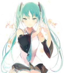 Rule 34 | 1girl, bare shoulders, body writing, collared shirt, detached sleeves, flower, green eyes, green hair, green necktie, hair ornament, hands up, hatsune miku, headphones, heart, heart hands, kneeling, long hair, looking at viewer, lpip, necktie, open mouth, pleated skirt, shirt, simple background, skirt, sleeveless, sleeveless shirt, smile, solo, tie clip, twintails, very long hair, vocaloid, white background, white shirt, wing collar