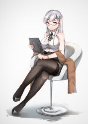 Rule 34 | 1girl, absurdres, azur lane, bare shoulders, belfast (azur lane), black footwear, black pantyhose, black skirt, blue eyes, bow, braid, breasts, crossed legs, earrings, full body, glasses, hair bow, hair ornament, highres, jewelry, large breasts, long hair, looking at viewer, lubikaya, necktie, notebook, office lady, official style, pantyhose, scarf, shirt, silver hair, sitting, sitting on chest, skirt, smile, solo, thighband pantyhose, white background, white shirt