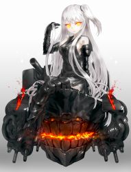 Rule 34 | 10s, 1girl, abyssal ship, aircraft carrier oni, armor, armored boots, black dress, boots, breasts, cannon, dress, gauntlets, glowing, glowing eyes, high heel boots, high heels, kantai collection, kfr, large breasts, long hair, looking at viewer, md5 mismatch, no pupils, one side up, pale skin, sailor dress, short dress, side ponytail, sideboob, sitting, solo, thigh boots, thighhighs, very long hair, yellow eyes