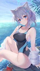 Rule 34 | 1girl, absurdres, animal ear fluff, animal ears, bare legs, black one-piece swimsuit, blue archive, blue eyes, blue sky, blush, breasts, cleavage, cloud, collarbone, crab, crossed bangs, day, detached sleeves, grey hair, halo, highres, ion (on01e), looking at viewer, medium breasts, ocean, one-piece swimsuit, outdoors, palm tree, parted lips, shiroko (blue archive), shiroko (swimsuit) (blue archive), shirt, short hair, sideboob, sidelocks, sitting, sky, solo, swimsuit, thighs, tree, twisted torso, white shirt