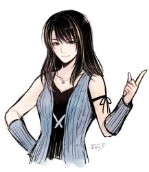 Rule 34 | 1girl, arm ribbon, black eyes, black hair, black ribbon, black shirt, breasts, cleavage, commentary request, cropped torso, dated, detached sleeves, final fantasy, final fantasy viii, hand on own hip, hand up, hiryuu (kana h), jewelry, long hair, looking at viewer, multicolored hair, necklace, pointing, pointing up, ribbon, ring, ring necklace, rinoa heartilly, shirt, signature, simple background, sleeveless duster, smile, solo, spaghetti strap, streaked hair, upper body, v-neck, white background