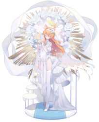 1girl animal_ear_fluff animal_ears blue_archive bouquet bride cat_ears cat_girl dress flower hair_between_eyes hair_flower hair_ornament hairband high_heels holding holding_bouquet ice_(icepuli) long_hair mari_(blue_archive) orange_hair pantyhose sidelocks veil wedding_dress white_dress white_flower white_footwear white_hairband white_pantyhose yellow_flower