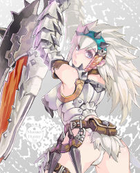 Rule 34 | 1girl, aoin, armor, barioth (armor), blue eyes, capcom, looking back, monster hunter (series), solo, switch axe, white hair