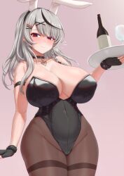 Rule 34 | alcohol, animal ears, belt collar, black gloves, black hair, black leotard, breasts, brown pantyhose, closed mouth, collar, cream cod, fake animal ears, fingerless gloves, gloves, grey hair, highres, holding, holding tray, hololive, large breasts, leotard, long hair, looking at viewer, multicolored hair, pantyhose, playboy bunny, rabbit ears, red eyes, sakamata chloe, simple background, smile, tray, virtual youtuber