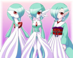 Rule 34 | 3girls, bad id, bad pixiv id, blush, border, breasts, collarbone, creatures (company), earrings, female focus, game freak, gardevoir, gen 3 pokemon, gradient background, green hair, hair over one eye, japanese clothes, jewelry, jpeg artifacts, kimono, knees together feet apart, long sleeves, looking at viewer, lowres, medium breasts, multiple girls, multiple persona, nintendo, obi, personification, pointy ears, pokemon, pokemon (creature), pokemon rse, purple background, red eyes, sash, shiratsuki (royal moon), short hair, simple background, smile, standing, white border