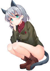 Rule 34 | 1girl, absurdres, animal ears, bad id, bad pixiv id, boots, bottomless, cat ears, cat tail, green eyes, hand on own cheek, hand on own face, highres, lucha tongxie, military, military uniform, no panties, red shirt, sanya v. litvyak, shirt, short hair, silver hair, smile, solo, squatting, strike witches, tail, uniform, world witches series