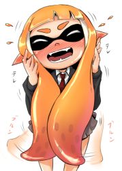 Rule 34 | 1girl, 4shi, afterimage, blush, closed eyes, ear blush, embarrassed, expressive hair, fangs, hands on own face, highres, inkling, inkling girl, inkling player character, monster girl, necktie, nintendo, open mouth, orange hair, playing with own hair, pointy ears, school uniform, simple background, skirt, solo, splatoon (series), splatoon 1, tentacle hair