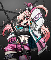 Rule 34 | 1girl, @ @, abs, absurdres, ahoge, asymmetrical legwear, beolkkulcheese, black collar, black sports bra, blonde hair, blush, breasts, chain, collar, facial tattoo, fangs, gloves, goddess of victory: nikke, gradient background, gradient hair, hair ornament, hairclip, hand on own hip, heart, heart tattoo, highres, jackal (nikke), jacket, long hair, low twintails, medium breasts, mismatched legwear, multicolored belt, multicolored hair, pink gloves, pink hair, pink shorts, pink thighhighs, red eyes, short shorts, shorts, side ponytail, sidelocks, solo, spiked collar, spiked legwear, spikes, sports bra, stomach tattoo, streaked hair, tattoo, thighhighs, tongue, tongue out, twintails, two-sided fabric, two-sided jacket, two-tone gloves, w, white gloves