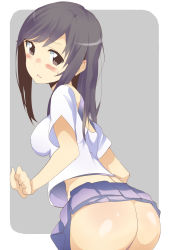 Rule 34 | 1girl, ass, ass focus, bare shoulders, black hair, blush, blush stickers, clenched hand, cowboy shot, from behind, grey background, grey eyes, highres, ichijou hotaru, impossible clothes, impossible shirt, long hair, looking at viewer, midriff, no panties, non non biyori, parted lips, shiny skin, shirt, short sleeves, simple background, skirt, solo, sweatdrop, swept bangs, tareme, thu