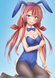 Rule 34 | 1girl, alternate costume, animal ears, anti (untea9), black pantyhose, blue background, blue eyes, blue leotard, bow, bowtie, breasts, collarbone, covered navel, detached collar, embarrassed, fake animal ears, gradient background, hair between eyes, hair ribbon, highres, kantai collection, kawakaze (kancolle), kneeling, leotard, long hair, looking at viewer, low twintails, pantyhose, playboy bunny, pointy ears, rabbit ears, rabbit tail, red hair, ribbon, sitting, small breasts, solo, strapless, strapless leotard, sweatdrop, tail, traditional bowtie, twintails, very long hair, wrist cuffs