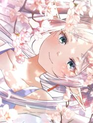 Rule 34 | 1girl, cherry blossoms, commentary request, dangle earrings, dappled sunlight, dress, earrings, frieren, green eyes, highres, jewelry, long hair, looking at viewer, omichi 1219, parted bangs, petals, portrait, short eyebrows, sideways, smile, solo, sousou no frieren, sunlight, thick eyebrows, twintails, white dress, white hair