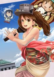 Rule 34 | 10s, 1girl, :d, abazu-red, alternate costume, bare shoulders, batsubyou, blue sky, brown eyes, brown hair, cameo, carrying, cat, cloud, cloudy sky, day, error musume, girl holding a cat (kancolle), hagoita, japanese clothes, kantai collection, kimono, kite, long hair, looking at viewer, new year, open mouth, paddle, ryuujou (kancolle), sarashi, school uniform, serafuku, sky, smile, solo, tokitsukaze (kancolle), twintails, visor cap