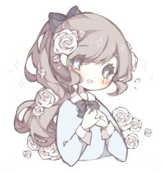 Rule 34 | 1girl, black bow, black bowtie, blue eyes, blue shirt, blush, bow, bowtie, brown hair, chibi, collar, collared shirt, commentary, english commentary, eyelashes, flower, hair bow, hair flower, hair ornament, littlebluemuffin, long hair, long sleeves, looking at viewer, original, own hands together, painttool sai (medium), petals, ponytail, rose, shirt, smoke, sparkle, upper body, wavy hair, white background, white collar, white flower, white rose, yumeruu (littlebluemuffin)