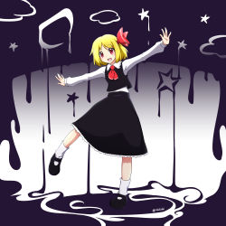 Rule 34 | 1girl, :d, absurdres, arms at sides, artist name, ascot, black dress, black skirt, black vest, blonde hair, collared shirt, dress, drop, frills, full body, hair ornament, hair ribbon, highres, mary janes, melting, open mouth, purple background, rakkidei, red ascot, red eyes, red ribbon, ribbon, rumia, shirt, shoes, short hair, simple background, skirt, smile, socks, solo, standing, standing on one leg, star (symbol), touhou, vest, white background, white shirt, white socks