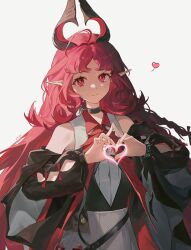 1girl absurdres ahoge arknights bare_shoulders black_horns black_jacket breasts chinese_commentary closed_mouth collared_shirt commentary_request heart heart_hands highres horns jacket long_hair looking_at_viewer nymph_(arknights) off_shoulder pointy_ears red_eyes red_hair shirt simple_background small_breasts smile solo styx_mo_yu white_background white_shirt