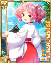 Rule 34 | 1girl, :d, bow, day, fang, girlfriend (kari), holding, japanese clothes, kimono, makise subaru, miko, official art, open mouth, outdoors, pink hair, qp:flapper, red bow, red skirt, skirt, sky, smile, solo, tagme, twintails, white kimono, yellow eyes