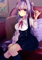 Rule 34 | 1girl, :o, black dress, black socks, blurry, blurry background, blush, breasts, collared shirt, couch, depth of field, double bun, dress, ebihara beniko, frilled shirt collar, frills, hair between eyes, hair bun, hair intakes, hand up, highres, indoors, kneehighs, large breasts, long hair, long sleeves, medium breasts, neck ribbon, on couch, original, parted lips, purple hair, red eyes, red ribbon, ribbed legwear, ribbon, ringlets, shirt, sitting, sleeveless, sleeveless dress, socks, solo, twintails, very long hair, white shirt