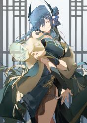 Rule 34 | 1girl, absurdres, arknights, bare shoulders, blue choker, blue dress, blue eyes, blue hair, blue nails, breasts, cantabile (arknights), cantabile (illumination that of daylights) (arknights), choker, closed mouth, cowboy shot, dress, feather hair, hair over one eye, highres, holding, indai (3330425), long hair, looking away, looking to the side, medium breasts, nail polish, official alternate costume, pelvic curtain, solo, strapless, strapless dress