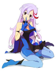 Rule 34 | 1girl, aikawa akane, bare shoulders, blue dress, blue footwear, blue gloves, breasts, brown eyes, clasped dress, cleavage, dress, facing viewer, finger to mouth, full body, gloves, long hair, looking at viewer, mahou tsukai tai!, mofuko, multicolored hair, pantyhose, purple hair, short dress, shushing, silver hair, simple background, sitting, solo, tight clothes, tight dress, two-tone hair, wariza, white background