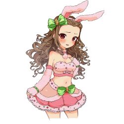 Rule 34 | 1girl, anderson m0311, animal ears, bare shoulders, blush, bow, breasts, brown hair, crop top, embarrassed, fake animal ears, fingerless gloves, forehead, gloves, hair bow, highres, idolmaster, idolmaster cinderella girls, long hair, looking at viewer, navel, rabbit ears, red eyes, seki hiromi, simple background, skirt, small breasts, solo, wavy hair, white background
