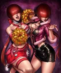 Rule 34 | 1girl, breasts, cheerleader, cleavage, cleavage cutout, clothes writing, clothing cutout, collar, collarbone, crop top, crop top overhang, feet out of frame, fighting game, fingernails, hair over eyes, highres, holding, holding pom poms, jacket, large breasts, legs, lips, long hair, midriff, miniskirt, multiple persona, navel, open mouth, outstretched hand, pleated skirt, pom pom (cheerleading), pom poms, ponytail, red hair, shermie (kof), shirt, shoes, skirt, sleeveless, sleeveless shirt, smile, sneakers, snk, standing, standing on one leg, the king of fighters, the king of fighters all-stars, the king of fighters xv, thighs, very long hair, yc yorkchow