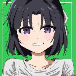 Rule 34 | 1girl, awa subaru, black hair, commentary, english commentary, girls band cry, green background, grin, highres, looking at viewer, official alternate hair length, official alternate hairstyle, purple eyes, shirt, short hair, simple background, smile, solo, twitter username, upper body, weabooz, white shirt