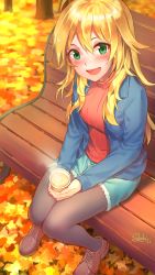 Rule 34 | 1girl, ahoge, bench, black pantyhose, bleu jacket, blonde hair, blush, breasts, coffee, commentary request, denim, denim shorts, green eyes, hair between eyes, highres, holding, hoshii miki, idolmaster, idolmaster (classic), idolmaster million live!, idolmaster million live! theater days, leaf, long hair, looking at viewer, medium breasts, open mouth, outdoors, pantyhose, red sweater, shorts, shoukichi (shony), sitting, smile, solo, steam, striped clothes, striped sweater, sweater