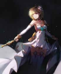 Rule 34 | 1girl, blonde hair, brown eyes, cosplay, detached collar, detached sleeves, djeeta (granblue fantasy), dress, earrings, flower, glorybringer (granblue fantasy), granblue fantasy, hair flower, hair ornament, highres, jewelry, knights of glory, looking to the side, natsumoka, solo, standing, stud earrings, sword, the glory (cosplay), thighhighs, weapon, white dress
