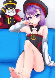 Rule 34 | 1girl, arm support, bare shoulders, barefoot, blush, couch, fate/grand order, fate (series), feet, hat, head rest, helena blavatsky (fate), highres, leg lift, looking at viewer, pov, purple eyes, purple hair, short hair, sitting, smile, soles, toes