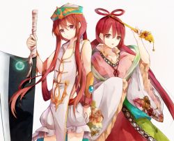 Rule 34 | 1boy, 1girl, brown eyes, china dress, chinese clothes, clothing cutout, collarbone, dress, floral print, green headwear, hair ornament, hair rings, hat, long hair, looking at viewer, magi the labyrinth of magic, navel, navel cutout, open mouth, red eyes, red hair, ren kougyoku, ren kouha, shorts, simple background, standing, sword, twintails, very long hair, wand, weapon, white background, white dress, wide sleeves