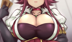 Rule 34 | 1girl, breasts, card, cleavage, closed mouth, collarbone, dress, elbow gloves, female focus, gloves, holding, holding card, izayoi aki, jewelry, large breasts, necklace, red hair, short hair, short hair with long locks, sidelocks, solo, yu-gi-oh!, yu-gi-oh! 5d&#039;s, yu-gi-oh (card)