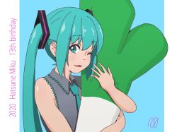 Rule 34 | 1girl, absurdly long hair, absurdres, anniversary, aqua background, aqua eyes, aqua hair, aqua neckwear, artist name, artist request, bare shoulders, blue eyes, blue hair, blue neckwear, breasts, collarbone, collared shirt, dream (pixiv13693656), female focus, grey shirt, hatsune miku, highres, holding food, holding spring onion, holding vegetable, ievan polkka (vocaloid), long hair, one eye closed, shirt, small breasts, solo, spring onion, twintails, upper body, vegetable, very long hair, vocaloid