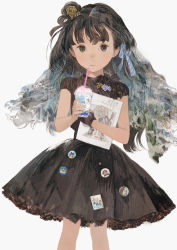 Rule 34 | 1girl, big hair, black dress, black eyes, black gloves, black hair, book, closed mouth, comiket 94, commentary request, cowboy shot, cup, dress, drinking straw, fingerless gloves, gloves, grey background, hair ornament, highres, holding, holding book, long hair, looking at viewer, matayoshi, original, pin, short sleeves, simple background, single glove, solo, standing