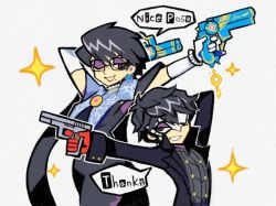 Rule 34 | 1boy, 1girl, alternate hair length, alternate hairstyle, amamiya ren, amulet, ankle gun, artist request, atlus, bad id, bad twitter id, bayonetta, bayonetta, bayonetta (series), bayonetta 2, black hair, bodysuit, cleavage cutout, clothing cutout, dual wielding, earrings, elbow gloves, english text, eye contact, eyeshadow, glasses, gloves, gun, handgun, holding, jewelry, lips, lipstick, looking at another, makeup, mask, mole, mole under mouth, nintendo, one eye closed, persona, persona 5, pinky out, purple eyeshadow, quadruple wielding, red gloves, sega, short hair, smile, sparkle, speech bubble, super smash bros., weapon, white background, white gloves
