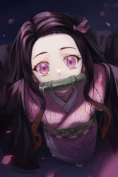 Rule 34 | 1girl, bamboo, bit gag, black hair, brown hair, checkered sash, commentary request, forehead, from above, gag, gradient hair, hair ribbon, highres, japanese clothes, kamado nezuko, kimetsu no yaiba, kimono, long hair, long sleeves, looking at viewer, looking up, mouth hold, multicolored hair, obi, open clothes, pink eyes, pink kimono, pink ribbon, ribbon, sash, solo, torriet, very long hair