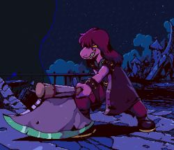 Rule 34 | 1girl, animated, animated gif, armlet, axe, blinking, boots, breath, bridge, castle, colored sclera, commentary, constricted pupils, deltarune, english commentary, full body, furry, furry female, grin, highres, holding, holding weapon, in-universe location, jacket, long hair, looping animation, moonshen timojim, night, night sky, pants, pixel art, purple hair, purple jacket, purple pants, railing, sharp teeth, sky, smile, smoke, solo, standing, star (sky), studded armlet, susie (deltarune), teeth, tower, tree, weapon, wristlet, yellow sclera