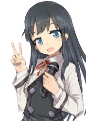 Rule 34 | 1girl, alchera, asashio (kancolle), black hair, blazer, blue eyes, commentary request, dress, jacket, kantai collection, long hair, long sleeves, looking at viewer, microphone, neck ribbon, pinafore dress, red ribbon, ribbon, shirt, simple background, sleeveless, sleeveless dress, solo, upper body, v, white background, white jacket, white shirt