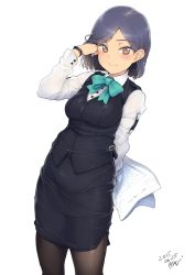 Rule 34 | 1girl, adjusting hair, ayaki, black hair, black pantyhose, blush, bow, bowtie, breasts, brown eyes, dated, female focus, large breasts, long sleeves, looking at viewer, mole, mole under mouth, office lady, original, pantyhose, papers, parted bangs, pencil skirt, short hair, simple background, skirt, smile, solo, vest, watch, white background, wristwatch