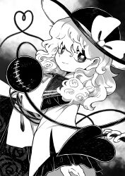 Rule 34 | 1girl, absurdres, blouse, bow, buttons, closed mouth, curly hair, diamond button, eyeball, frilled shirt collar, frilled sleeves, frills, greyscale, hat, hat bow, hat ribbon, heart, heart-shaped pupils, heart of string, highres, komeiji koishi, long hair, monochrome, ribbon, shirt, smile, solo, symbol-shaped pupils, third eye, touhou, umebitan, upper body, wide sleeves, yellow ribbon