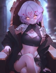 Rule 34 | 1girl, arm tattoo, artist name, bao (vtuber), black jacket, black nails, black skirt, blurry, blurry background, breasts, cleavage, commission, crop top, crossed legs, grey hair, highleg, highleg panties, highres, indie virtual youtuber, jacket, jewelry, navel, necklace, off shoulder, open clothes, open jacket, panties, shirt, short hair, shoulder tattoo, sitting, sitting on throne, sk jynx, skirt, sleeveless, sleeveless shirt, solo, tattoo, throne, underwear, virtual youtuber