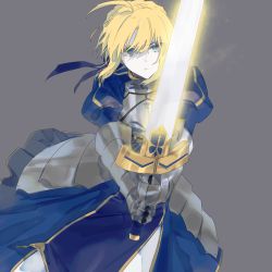 Rule 34 | 1girl, ahoge, armor, armored dress, artoria pendragon (all), artoria pendragon (fate), blef, blonde hair, blue dress, blue eyes, blue ribbon, breastplate, collared dress, commentary request, dress, excalibur (fate/stay night), fate/stay night, fate (series), gauntlets, grey background, hair between eyes, hair ribbon, highres, holding, holding sword, holding weapon, long sleeves, looking at viewer, medium hair, parted lips, puffy long sleeves, puffy sleeves, ribbon, saber (fate), simple background, solo, standing, sword, weapon