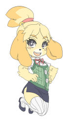 Rule 34 | 1girl, animal crossing, animal ears, bell, blonde hair, blush stickers, dog ears, dog girl, dog tail, flat chest, flat color, furry, furry female, highres, isabelle (animal crossing), maniacpaint, nintendo, pencil skirt, scrunchie, side slit, skirt, smile, solo, striped clothes, striped thighhighs, tail, thighhighs, topknot, vertical-striped clothes, vertical-striped thighhighs, white thighhighs