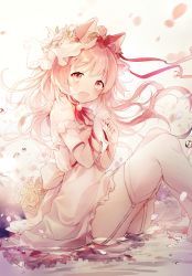 Rule 34 | 1girl, :d, amafuyu, animal ear fluff, animal ears, bad id, bad pixiv id, bare shoulders, blush, cat ears, commentary request, detached sleeves, dress, floating hair, flower, frilled dress, frills, garter straps, hair flower, hair ornament, highres, knees up, long hair, long sleeves, looking at viewer, neck ribbon, open mouth, original, petals, pink hair, red ribbon, ribbon, rose, shallow water, sitting, sleeveless, sleeveless dress, smile, solo, thighhighs, very long hair, water, white dress, white flower, white rose, white sleeves, white thighhighs
