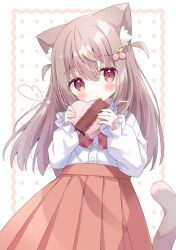 Rule 34 | 1girl, animal ear fluff, animal ears, blush, box, brown eyes, brown hair, brown skirt, cat ears, cat girl, cat tail, cherry hair ornament, closed mouth, collared shirt, commentary, dress shirt, food-themed hair ornament, gift, gift box, hair between eyes, hair ornament, hairclip, heart, heart-shaped box, highres, holding, holding gift, long hair, long sleeves, looking at viewer, nakkar, original, pleated skirt, polka dot, polka dot background, puffy long sleeves, puffy sleeves, shirt, signature, simple background, skirt, sleeves past wrists, solo, tail, tail raised, two side up, very long hair, white background, white shirt