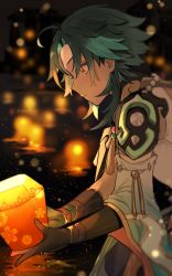 Rule 34 | 1boy, ahoge, aqua hair, bead necklace, beads, black hair, blurry, blurry background, commentary, facial mark, floral print, forehead mark, from side, genshin impact, gloves, gradient hair, gyoju (only arme nim), highres, holding, jewelry, lantern, male focus, multicolored hair, necklace, night, outdoors, parted lips, profile, reflection, reflective water, solo, symbol-only commentary, tassel, water, xiao (genshin impact), yellow eyes