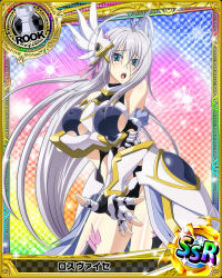Rule 34 | 10s, 1girl, antenna hair, artist request, black thighhighs, blue eyes, breasts, card (medium), character name, chess piece, detached sleeves, female focus, gauntlets, headgear, high school dxd, large breasts, long hair, official art, ribbon, rook (chess), rossweisse, silver hair, solo, thighhighs, trading card, very long hair