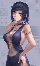 Rule 34 | 1girl, alternate costume, asymmetrical hair, blue hair, blunt bangs, braid, breasts, cowboy shot, diagonal bangs, dice, earrings, finger to mouth, genshin impact, green eyes, hand on own hip, highres, jewelry, looking at viewer, mole, mole on breast, navel, necklace, parted lips, purple hair, see-through, sideboob, sidelocks, solo, stormstx, twitter username, yelan (genshin impact)